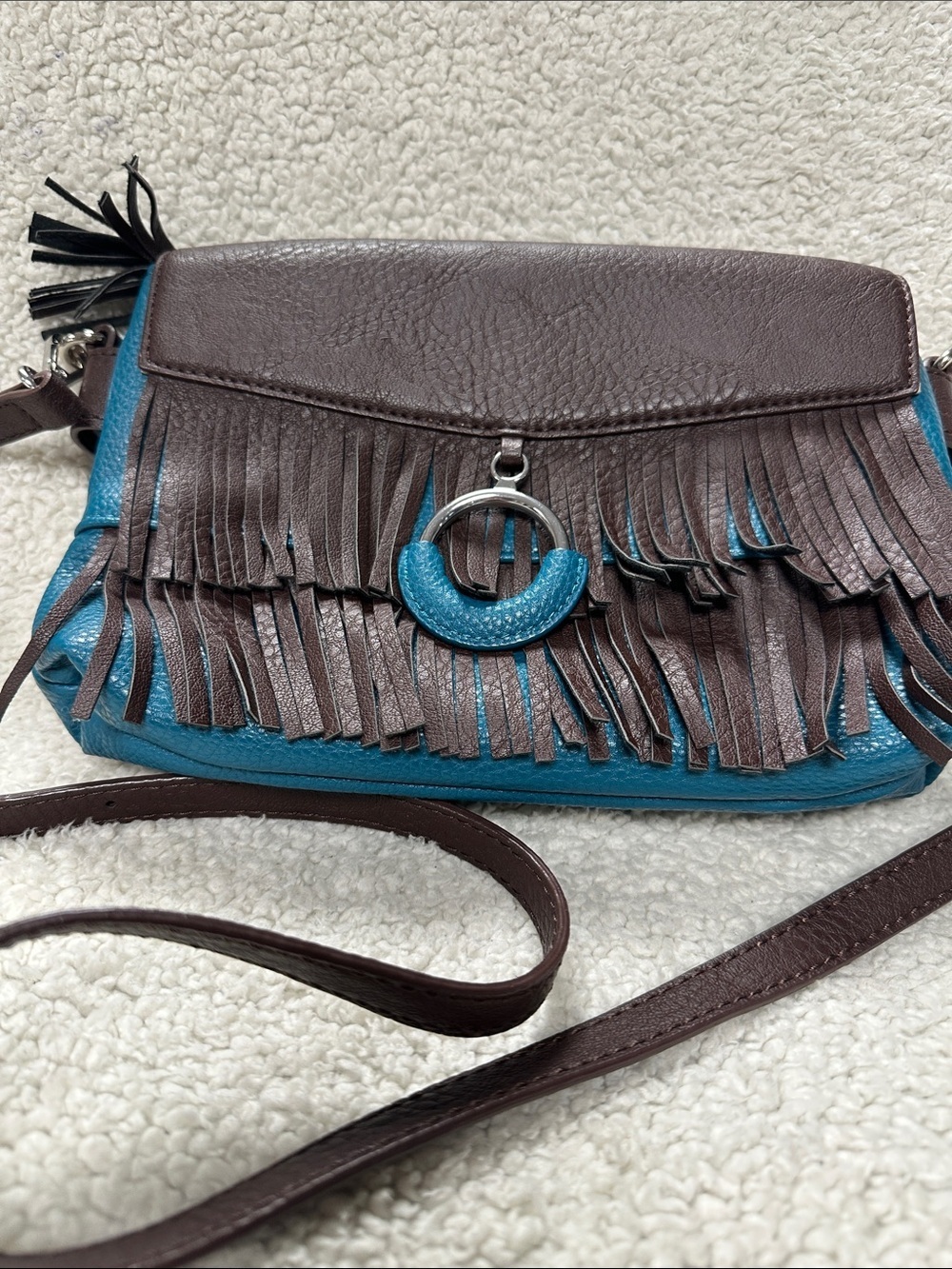 Charming Charlie Vegan Western Boho Turquoise Fringe and Brown Crossbody Purse